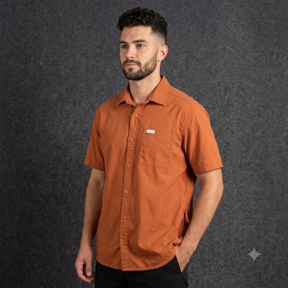 Topo Designs Mens Size Large Short Sleeve Shirt Snap Rust Orange Tech Travel
